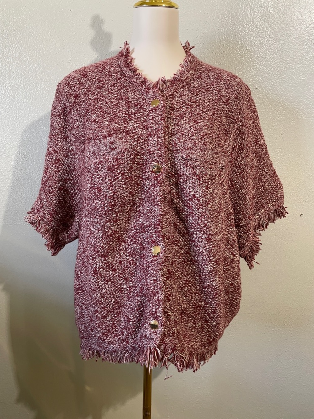 Cotton Blend Knit Blazer 3X Burgundy Fringe Snap Stretch  Textured EUC J. Crew